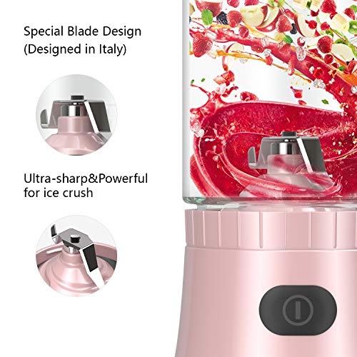 Mini Mélangeur Portable USB Rechargeable avec 2 Bouteilles Tritan Sans BPA, Mélangeur Personnel pour Smoothies et Milk Shakes, Petit Mélangeur de Jus pour le Bureau et les Voyages par Sboly (Rose)