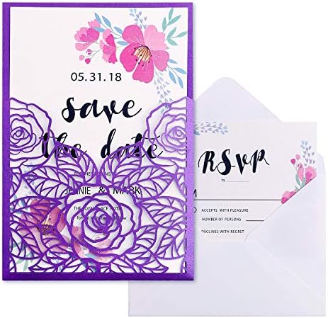FEIYI 20 Pieces 5 × 7'' Laser Cut Wedding Invitations Cards Hollow Rose with Shiny Ivory Inner Sheets + RSVP Cards + Free Small/Large Envelopes for Wedding, Baby Shower, Birthday Invite (Purple)