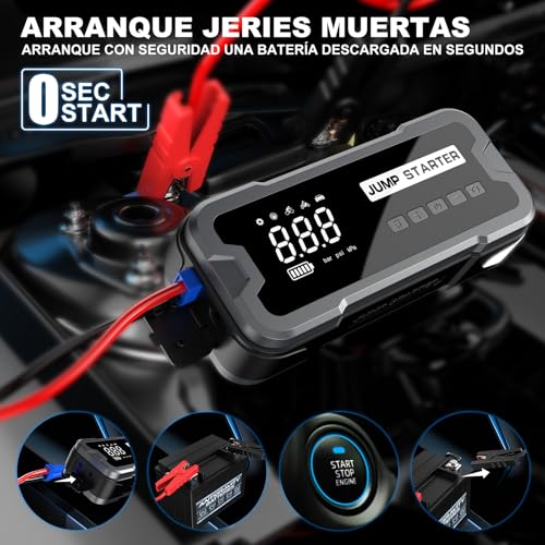 Arrancador de Coches con Compresor de Aire, 4000A 150PSI Arrancador Portátil de Batería de Coche, Arrancador de Emergencia con Cable de Puente de Seguridad Inteligente Visualización LCD Linterna