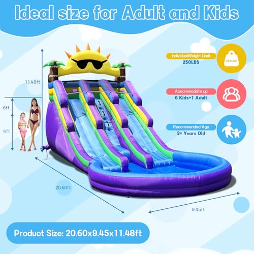 Inflatable Water Slide with Big Splash Pool, Water Slides Backyard Water Slide and Swimming Pool Summer Splash Party (Sun Glassess)
