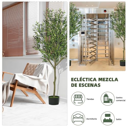 POGEPE Árbol de Olivo Artificial, 6FT/180cm Olivo Artificial Grande Entera Desmontable, Macetas Decorativas Interior Olivo Artificial con Ramas y Frutas, para Decoración Interior Hogar Oficina