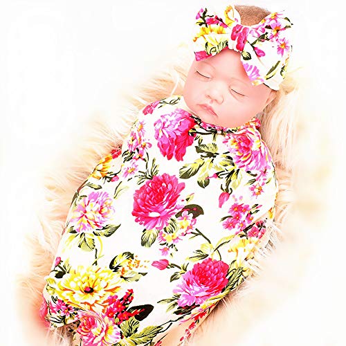 Little Jump 3 Sets Nerborn Receiving Blanket and Headband Set Flower Print Baby Swaddle Wrap Floral Baby Blankets for Girls and Boys.