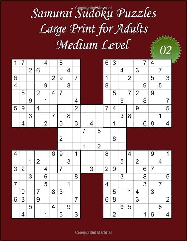 samurai sudoku puzzles large print for adults medium level n 02 100 medium samurai sudoku puzzles big size 8 5 x 11 and large print 22 the solutions samurai