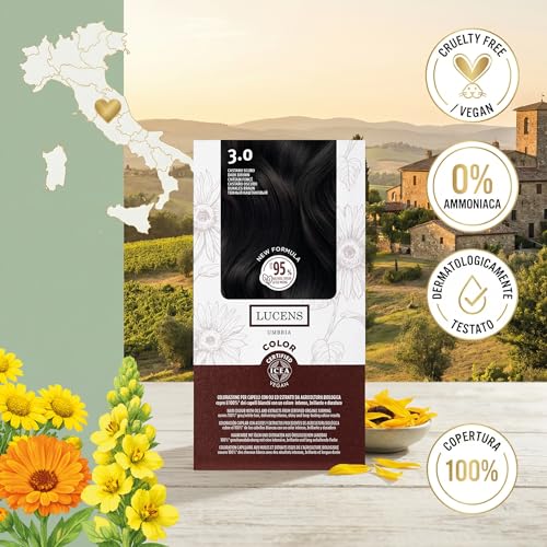Lucens Umbria - 3.0 Dark Brown, Ammonia-Free Hair Colour, Vegan Permanent Colouring Kit with Natural Extracts, Soothing, Moisturizing and Protective Action