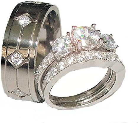 His Hers 3 Piece 925 Sterling Silver &amp; Titanium Wedding Ring Set (womens 5 mens 11)