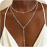 JIKASI Lariat Gold Necklaces for Women Trendy Dainty Long Necklace 14k Gold Plated/Silver Layered Drop Beaded Chain Necklaces Y-shaped Pendant Necklace Simple Gold Jewelry Gifts