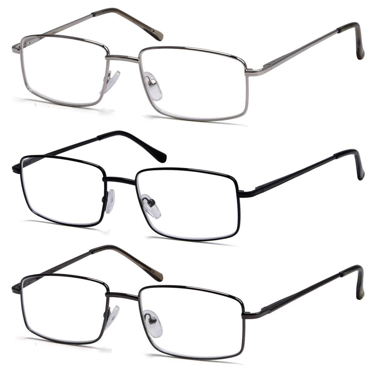 Eyekepper 3-Pack Readers Rectangular Spring Temple Large Metal Reading Glasses Men Silver