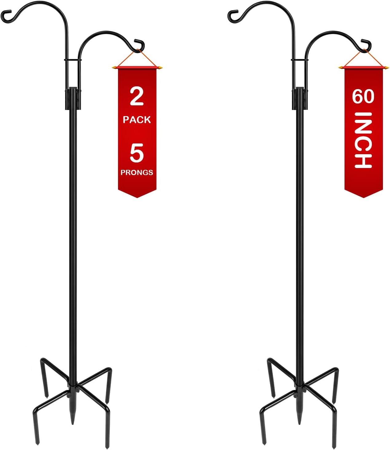 Outdoor Shepherd's Hooks - XDW-GIFTS Double Shepherds Hooks for Outdoor, 2-Pack Heavy Duty Garden Pole for Hanging Bird Feeder, Plant Baskets, Solar Light Lanterns, Garden Plant Hanger Stands with 10 Base Prongs