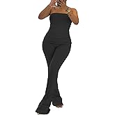 Ekaliy Women's 2 Piece Strapless Tube Top & High Waist Flared Pants Set Summer Vacation Travel Airport Lounge Outfits