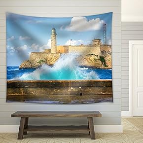 Hurricane in Havana with a View of The Castle of El Morro and Big Waves Crashing Against The Wall - Fabric Wall Tapestry Home Decor - 51x60 inches