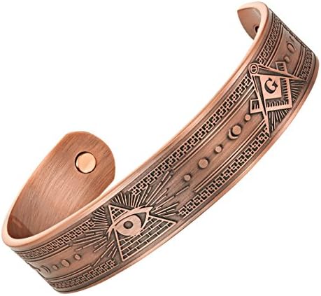 MasonicMan All Seeing Eye Masonic Men's Pure Copper Magnetic Therapy Adjustable Bracelet Bangle