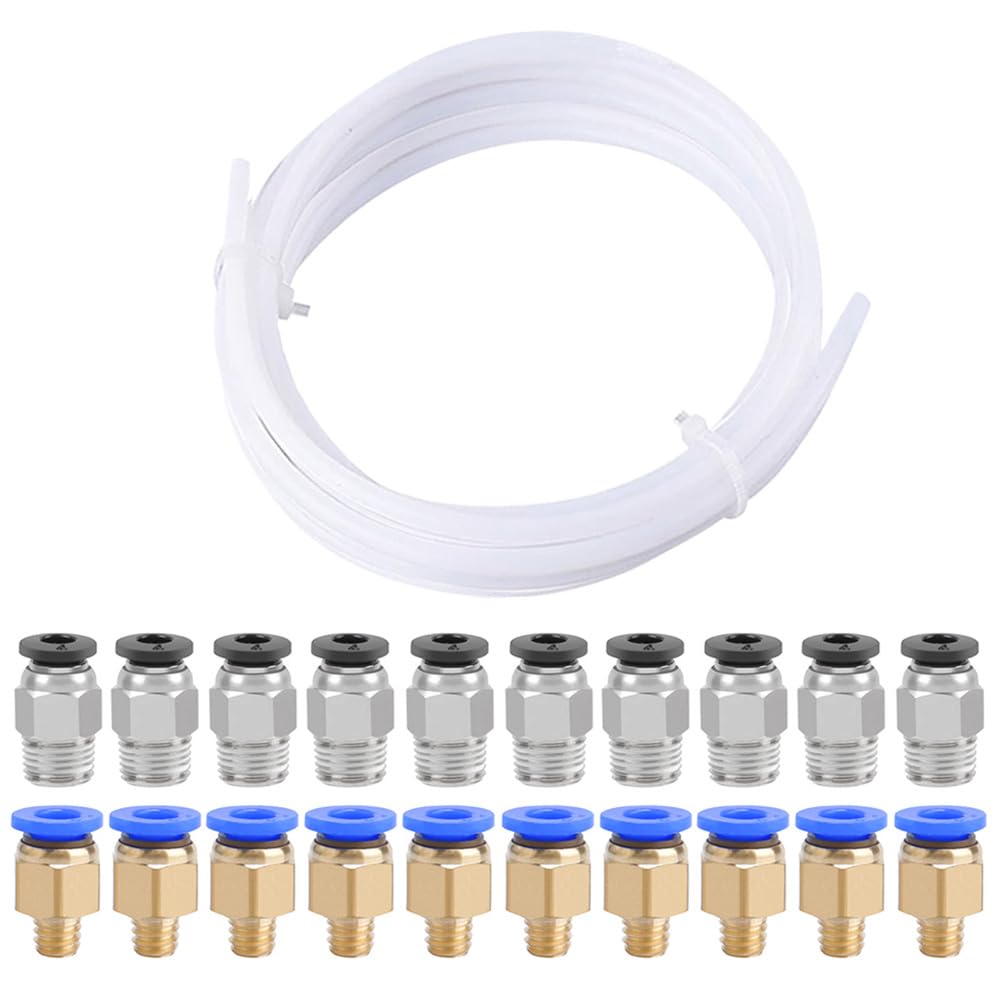 QitinDasen 5 Meters 3D Printer PTFE Teflon Tube, with 10 Pieces PC4-M6 Pneumatic Connector and 10 Pieces PC4-M10 Pneumatic Connector