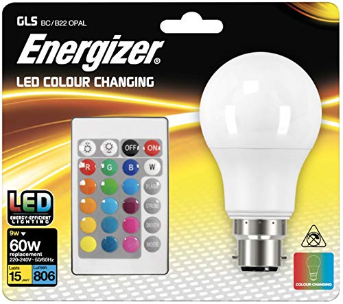 ENERGIZER Colour Changing B22 GLS LED RGB+W, with Remote Control, 9W