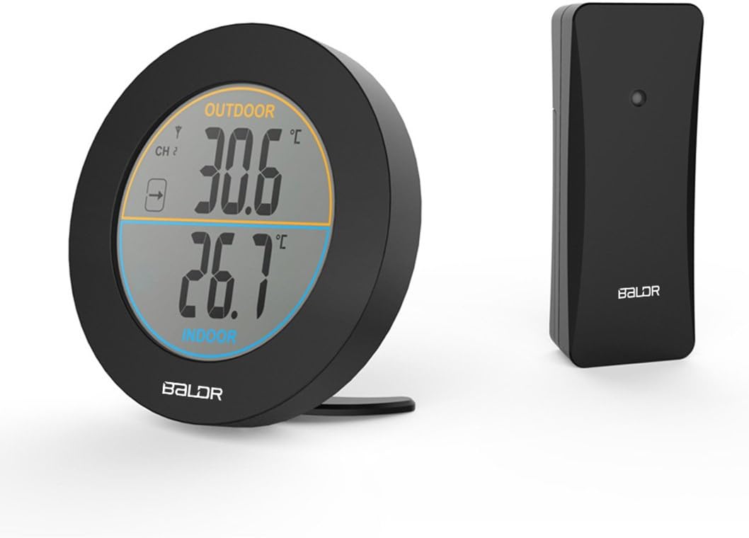 SXWY Wireless Thermometer, Round Indoor/Outdoor Digital Thermometer Sensor, Temperature Maximum/Minimum Trend Indicator, Temperature Monitor (New),Black