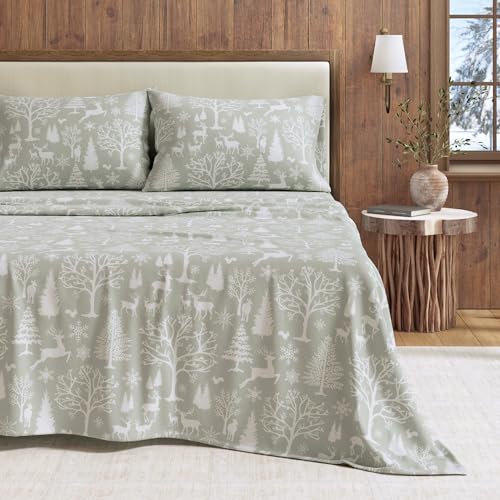 Great Bay Home 3 Piece 100% Turkish Cotton Twin Winter Lodge Flannel Sheet Set | Cotton Printed Bedding Sheets & Pillowcases | Double-Brushed Flannel Bed Sheets (Twin, Enchanted Woods - Blue)