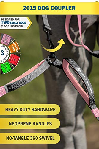 Pet Dreamland Hands Free Double Dog Leash - Two Small to Medium Dogs (up to 35lbs) | Running, Walking, Hiking | Waist Leashes for Dogs (Dark Grey & Pink)