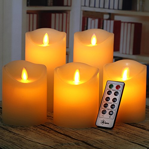 Aignis Flameless Candles, Battery Candles Realistic Moving Flame Set of 5 (D3.25 xH44466) Flickering Candles with 10 Key Remote Timer (Ivory) - Thumbnail 3