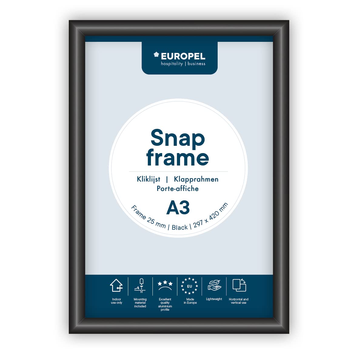 EUROPEL Snap Frame Black A3, 25 mm | Aluminium Anodised Construction & Anti-Glare Cover | Clip Poster Holders for Retail & Advertising Displays | Notice Sign Board Frame for Walls