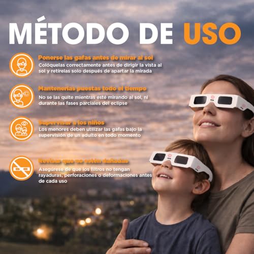 Tottal Gafas Eclipse Solar Homologadas ISO 12312-2 Agosto 2026 Gafas Protección Certificadas CE + Filtro Seguro UV/IR Ligeras + Cómodas + Fácil de Usar Glasses
