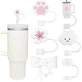 White Straw Cover Cap for Stanley Cup, 6pcs Silicone Flower Straw Toppers Compatible with 20 30 40 Oz Tumbler with Handle, 0.4in/10mm Cute Dust Proof Reusable Straws Stopper Accessories