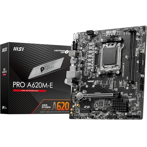 MSI PRO A620M-E Motherboard, Micro-ATX - Supports AMD Ryzen 9000/8000 / 7000 Series Processors, AM5 - DDR5 Memory Boost 6400+MHz/OC, 1 x PCIe 4.0 x16, 1 x M.2 Gen4