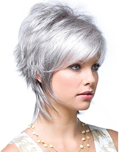 QianBaiHui Gray Wig short Wigs for White Women - Short Hair Wig Gray White Heat Resistant Synthetic Hair Fashion Full Wig + Wig Cap