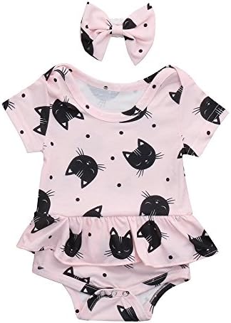 Baby Girls Onesies Short Sleeves Cat Print Romper Jumpsuit +Lace Headband Clothes Set (12-18 Months, Pink)
