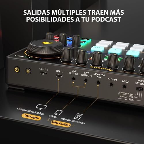 MAONO Mezclador Interfaz Audio de 10 Canales con Micrófono Dinámico XLR, Caster Podcast Kit con Preamplificador Profesional, 48V, Bluetooth para Podcast, Stream, TikTok, PC, Celular(AME2C Pro)