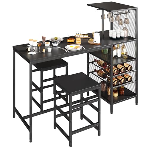 SIMPLE ESPACIO Barra de Cocina,Desayunador Tiene Seis Capas de Espacio de Almacenamiento,Mesa de Bar,Comedor Viene con Dos Sillas,con Estante para Copas Vino,Adecuado para Cocina y Bar(Negro)