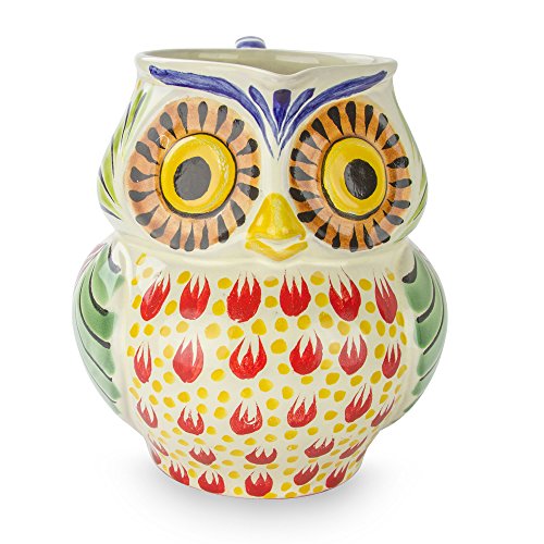 NOVICAMulticolor Animal Themed Ceramic Pitcher, 87 Oz. 'Owl Hospitality'