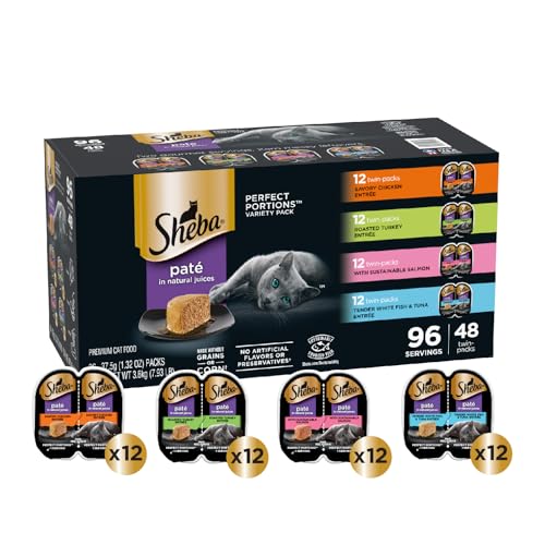 SHEBA PERFECT PORTIONS WET CAT FOOD PATE SAVORY CHICKEN, ROASTED TURKEY, WITH SUSTAINABLE SALMON, AND TENDER WHITEFISH & TUNA VARIETY PACK, 2.6 OZ. TWIN-PACK TRAYS (48 COUNT, 96 SERVINGS)