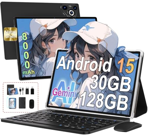 Android Tablet 15, 10 Inches, [30GB RAM 128GB ROM]+TF 2TB Expandable, 8000mAh, WIFI 5G/ BT5.0/ OTG, Widevine L1, Face ID, Tablets Metal Body with Mouse, Keyboard, Protective Case, Black