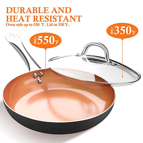 SHINEURI 9.5 inch Copper Fry Pan with Lid, Nonstick Ceramic Skillet for Stir fry, Saute Pan with Stainless Steel Steamer handle for Induction, Gas, Electric & Stovetops, Perfect for 2-3 Person Meal
