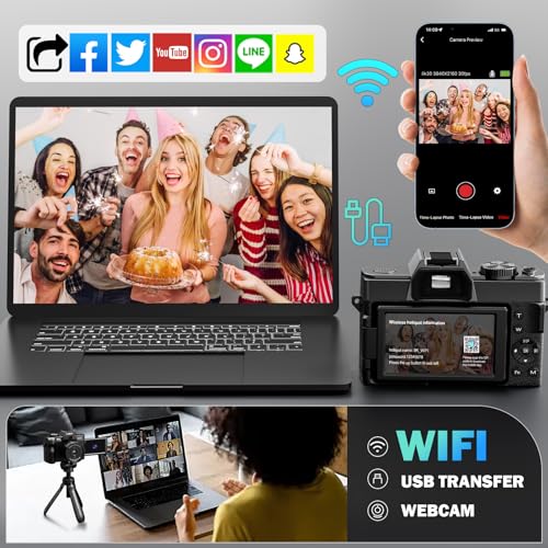 NBD 8K 64MP Digital Camera with Autofocus & 16X Zoom, Wi-Fi & App Control, Anti-Shake, 180° Flip Screen, Webcam Function, Includes Macro & Wide-Angle Lenses, 64GB TF Card & 2 Batteries (Black)