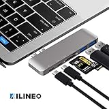 KILINEO USB C Hub, Aluminum 6-in-1 USB Type C Hub Adapter Dongle 100W Power Delivery, Compatible for 2016 2017 MacBook Pro 13" 15", Thunderbolt 3, USB-C Data, 2 USB 3.0 and MicroSD/SD Card Reader