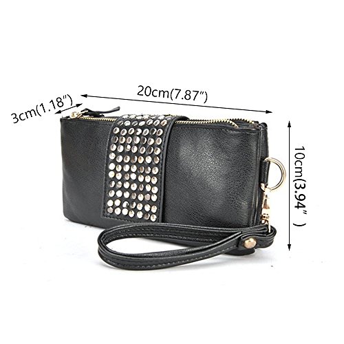 New Women's Leather Handbag Mosaic Rivets Shoulder Day Clutch Evening Bag Wallet Purse Wrist Bag (Black)
