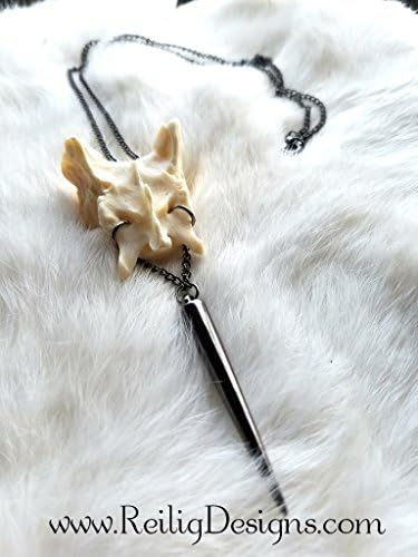 Real Coyote Sacrum Bone Pendant Necklace - Real Bone Necklace - Coyote Bone Necklace with Spike and Gunmetal Chain