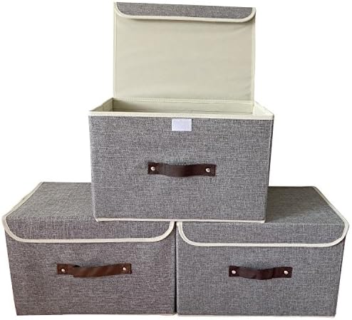 Storage Bins,[3-Pack] Mildlife Foldable Storage Box with Lids and Handles Storage Basket Cubes Organizer Boxes Containers Drawers with Linen Fabric Storage Basket For Office Nursery Bedroom Shelf,Gray