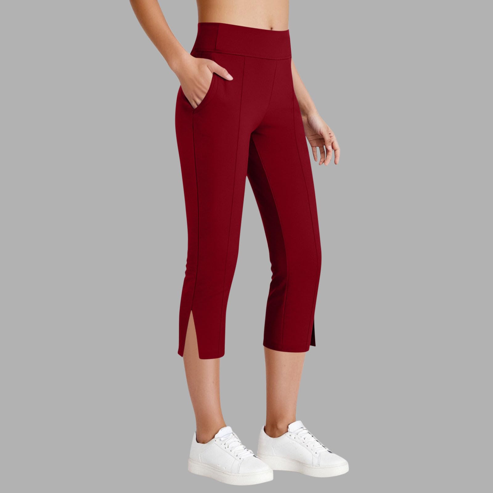 Ladies Cropped Trousers Yoga Pants for Women UK Petite Comfy Summer Three Quarter Length Trousers Stretchy Waist Straight Leg Lounge Yoga Beach Capris Pants with Pockets Cropped Trousers for Workout