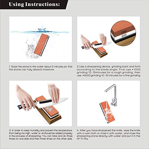 Whetstone Knife Sharpening Stone Set, Premium 2-Sided Whetstone Sharpener 1000/6000 Grit Whetstone Kit with Non-Slip Bamboo and Silicon Base Angle Guide for Chef Knife, Kitchen Knife, Hunting Knife