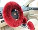 Auto Car Steering Wheel Covers with Soft Fluffy Plush Australian Wool Handbrake Cover & Gear Shift Cover 3pcs in 1 Set (Red Wine Color)