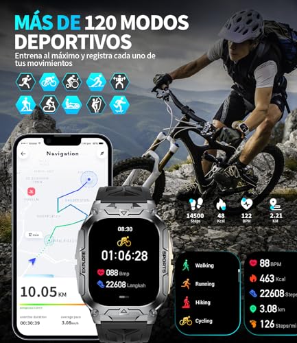 Reloj inteligente militar para hombre con batería de 1000 mAh/función de teléfono, pantalla grande de 2,01 pulgadas, reloj de fitness con frecuencia cardíaca/monitor de sueño/200+ modos deportivos