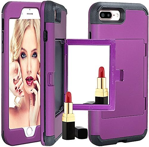 iPhone 7 Plus Case,OTRON DIRECT Slim Dual Layer Wallet Design Anti-Slip Scratch-Resistant Protection Hybrid Tough Bumper Armor Cover With Card Slot Holder Hidden Back Mirror For iPhone 8 Plus (Purple)