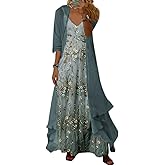 Akivide Womens's Casual 2 Piece Set Boho Floral Print Maxi Dress with Cardigan Flowy Chiffon Wedding Guest Dresses for Women