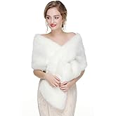 Teyglen Bridal Faux Fur Wrap Wedding Winter Fur Wrap Shawls with Brooch Long Fur Stole Collar Scarf for Women Evening Party
