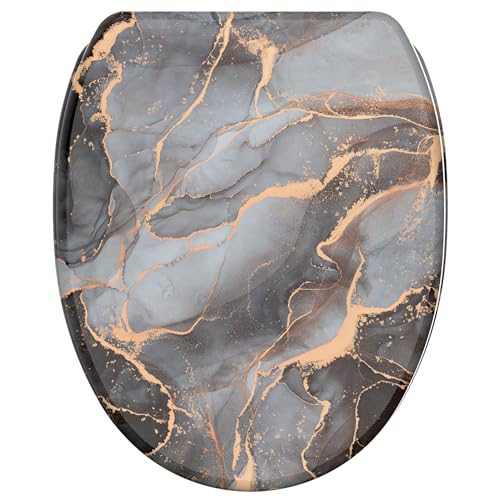 Toilet Seat with Self-Closing Mechanism, Many Toilet Seats to Choose From, High-Quality Finish, Easy Mounting, Sturdy Hinges (Marble Abstract)