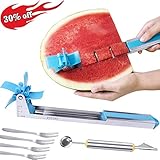 Watermelon Slicer Fruit Knife-PATENTED-RUCACIO Melon and Cantaloupe Fruit Slicer Carving and Cutting Tools for Home Easy Grip Kitchen Gadgets Set with 2 in 1 Melon Baller & Fruit Carve 4 Forks (BLUE)
