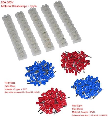5Pcs 2 Rows 12P Wire Connector Screw Terminal Barrier Block 300V 20A + Insulated Electrical Wire Connector: (22-16 AWG Red/Blue 120 Pcs + 16-14 AWG Red/Blue 120 Pcs)