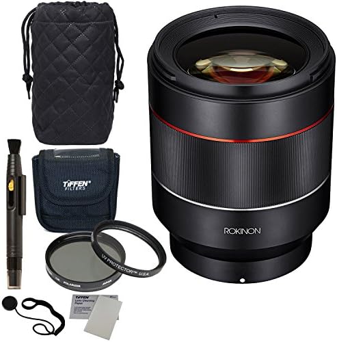 Rokinon IO50AF-E AF 50mm F1.4 Full Frame Auto Focus Lens for Sony E-Mount, Tiffen 67mm Photo Twin Pack Filters, Polaroid Lens Cap Strap and Accessory Bundle