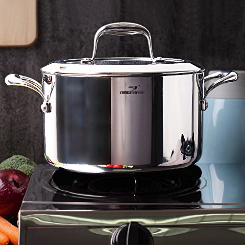 HOMI CHEF Mirror Polished NICKEL FREE Stainless Steel 6 QT(Quart) Stock Pot with Glass Lid (No Toxic Non Stick Coating, Whole-Clad 3-Ply) - Triply Stainless Steel Pots and Pans - Soup Pots with Lids